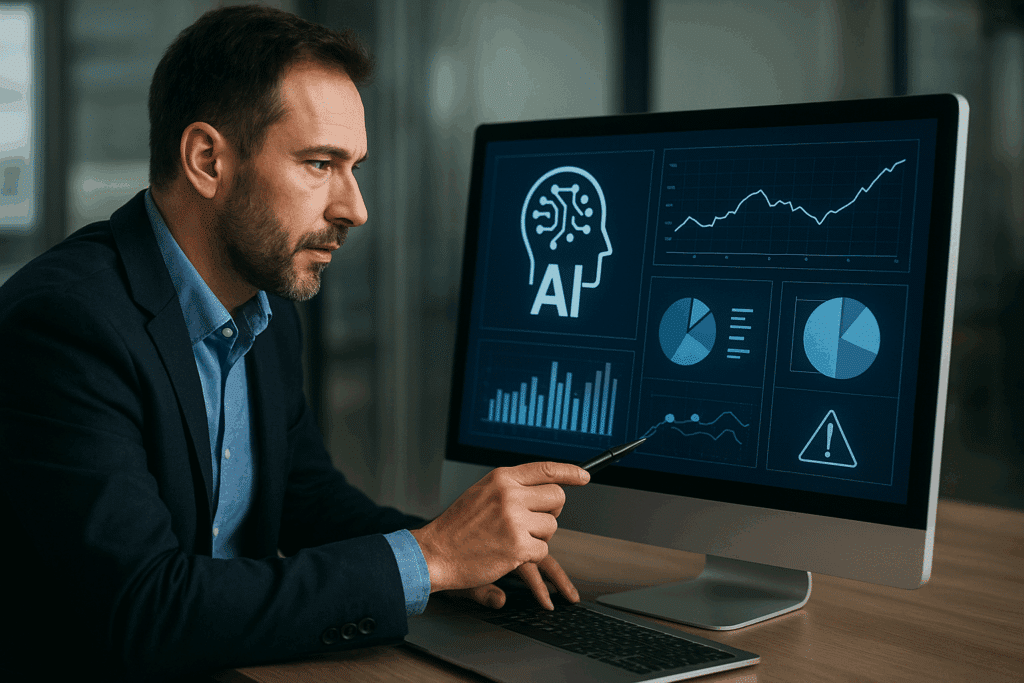 Internal auditor gebruikt AI dashboard voor data-analyse en risicobeheer tijdens auditproces